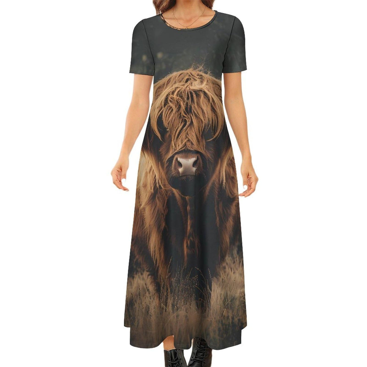 longue maxi à manches courtes Highland Cow pour femme, idéale pour l'été, décontractée et ample, parfaite pour une fête à la plage