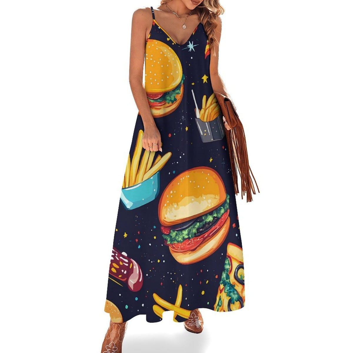 longue sans manches à motif hamburger et frites pour femme, idéale pour l'été et la plage.