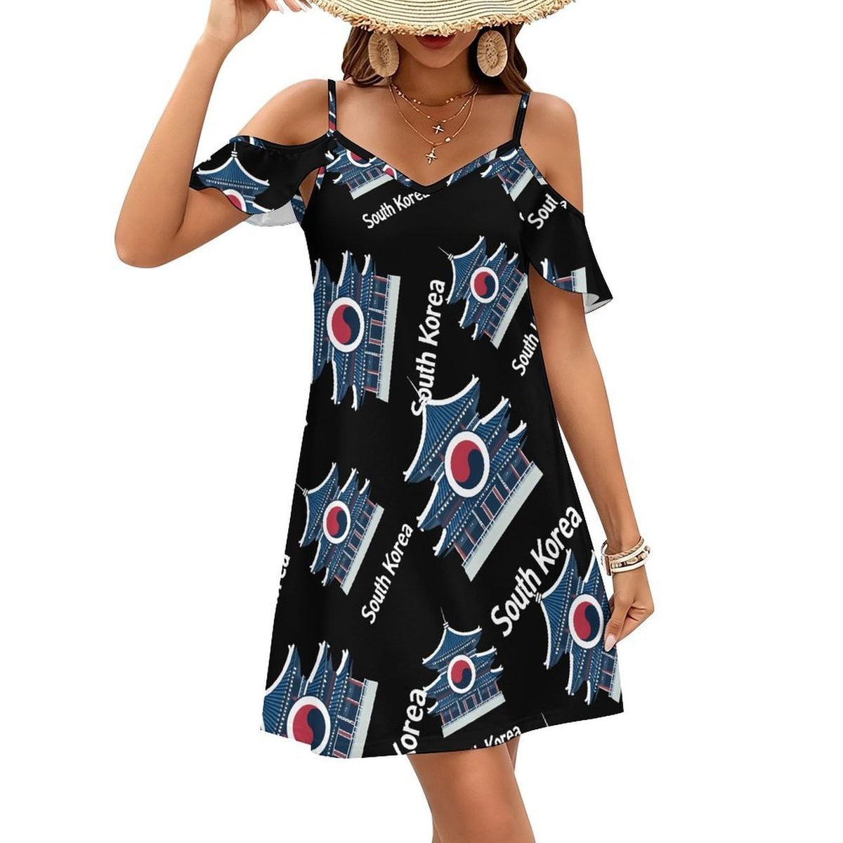 d'été mini à épaules dénudées avec drapeau de Corée du Sud, robe de plage à volants pour femme, idéale pour les fêtes.